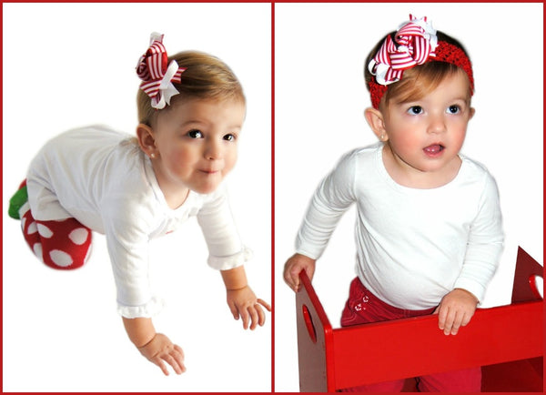 Dainty Red White Stripe Layered Girls Hair Bow Clip or Headband Set