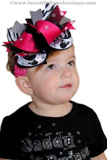Big Over the Top Hot Pink Zebra Minnie Mouse Hair Bow Clip or Headband