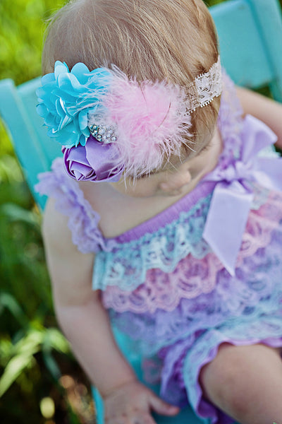 Girls Pastel Lace Baby Romper in Lavender Aqua and Pink