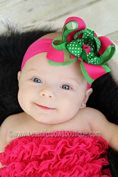 Dainty Shocking Pink and Green Swiss Dot Girls Hair Bow Clip or Headband