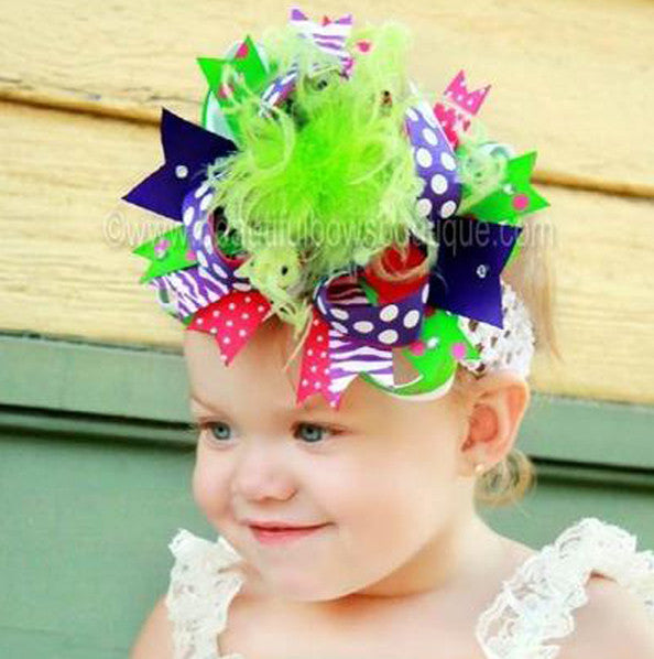 Over the Top Bow Headband, Girls Hair Bow Purple Green Pink