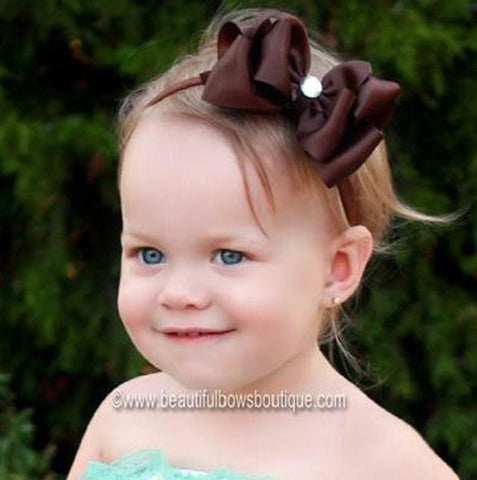 Infants Brown Satin Bling Hair Bow Baby Headband-CHOOSE COLOR