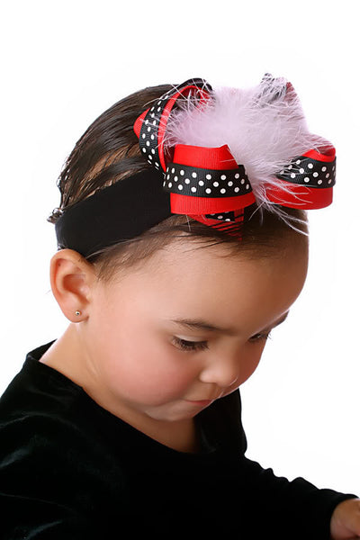 Fluffy Black Red & White Feather Girls Hair Bow Clip or Headband