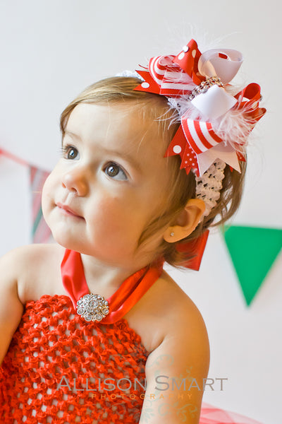 Fancy Stripes Red and White Girls Hair Bow Clip or Baby Headband