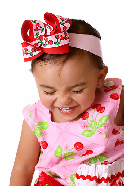 Infant Pink Cherries Girls Hair Bow Clip or Baby Headband
