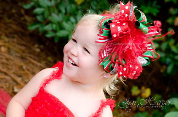 Big Red Green Christmas Over The Top Hair Bow or Infant Headband