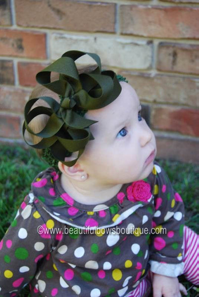 Olive Army Green Double Boutique Girls Hair Bow Clip or Headband