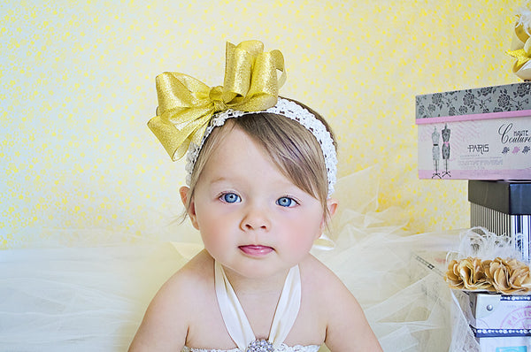 Large Sparkling Metallic Gold Big Bow Headband For Babies