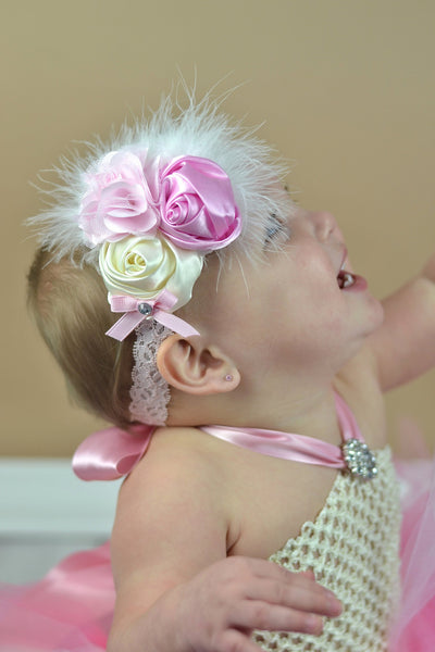Jeweled Satin Ivory and Pink Chic Rose Vintage Infant Headband