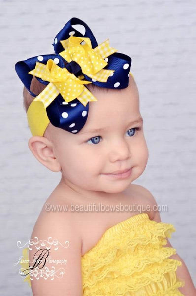 Yellow and Navy Blue Polka Dot Girls Hair Bow Clip or Headband-Pacers Wolverines