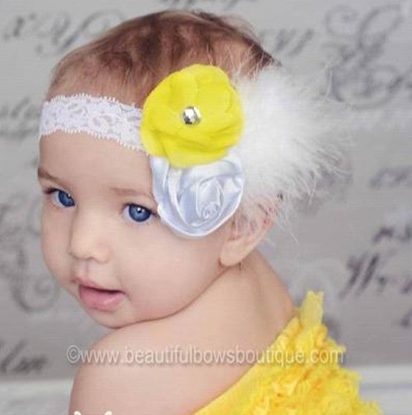 Vintage Bright Yellow White Rosettes Madison Shabby Flower White Feather Girls Lace Headband