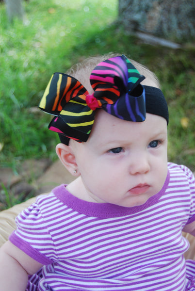 Dainty Rainbow Zebra Girls Hair Bow Clip or Headband