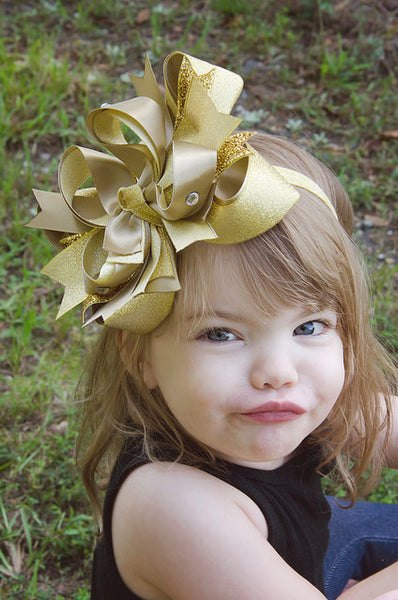 Fancy Large Metallic Gold Girls Hair Bow, Gold Baby Headband New Years