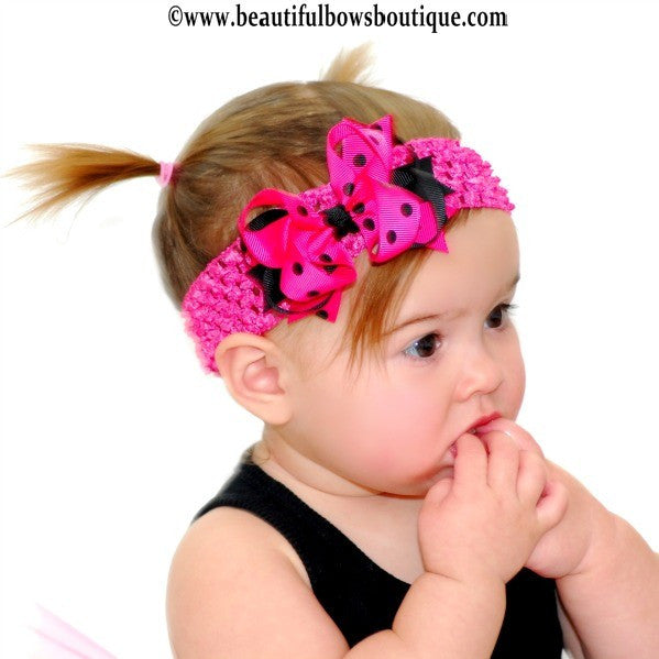 Dainty Shocking Pink Black Polka Layered Girls Hair Bow Clip or Headband Set
