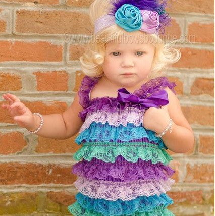 Purple Lavender Green Peacock Lace Ruffled Baby Romper