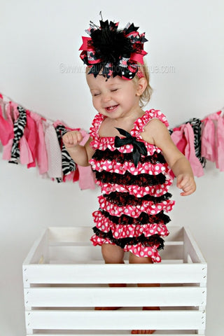 Baby Girl Black and Hot Pink Polka Dot Lace Satin Baby Romper
