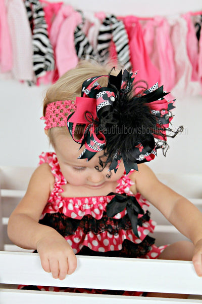 Baby Girl Black and Hot Pink Polka Dot Lace Satin Baby Romper