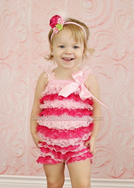 Girls Shocking Pink and Light Pink Lace Baby Romper