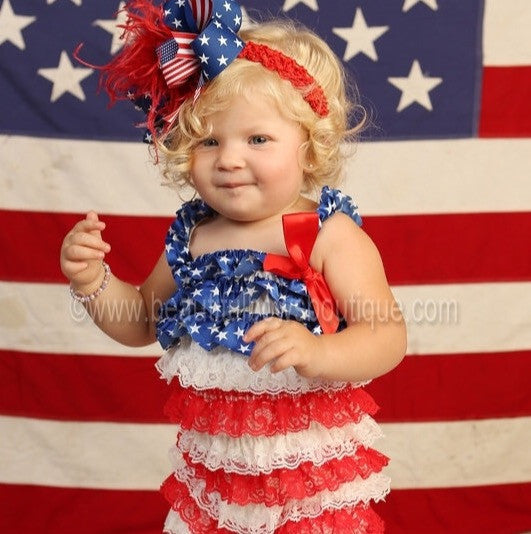 Patriotic Flag Holiday Satin Red White and Blue Ruffled Baby Romper