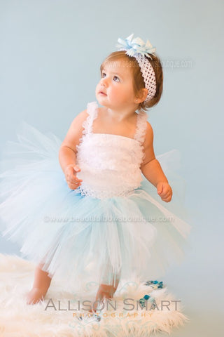 Girls White and Light Baby Blue Tulle Skirt