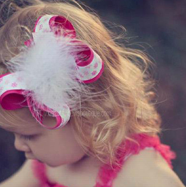 Fluffy Hot Pink and White Snowflake Girls Hair Bow Clip or Baby Headband