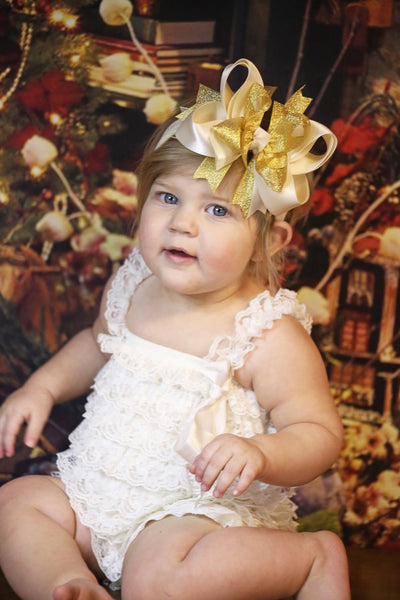 Large Ivory and Metallic Gold Sparkle Girls Hair Bow Clip or Headband