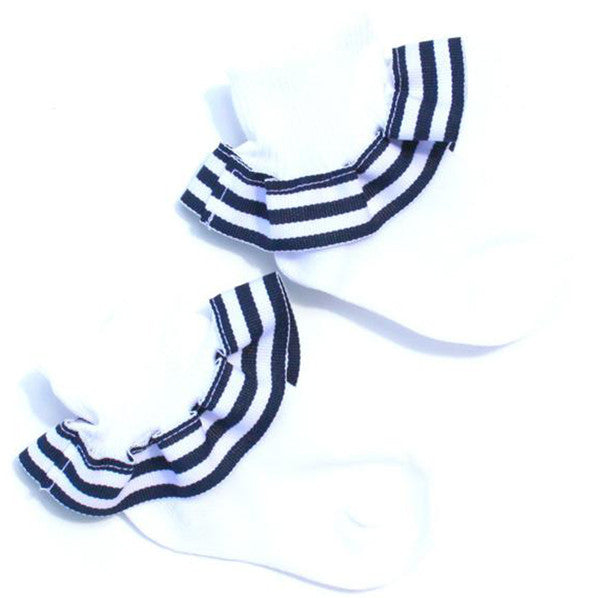 Navy White Stripe Ribbon Ruffle Socks