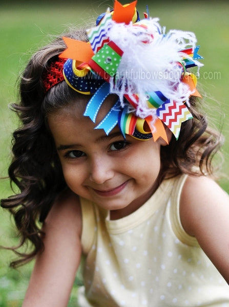 Primary Rainbow Chevron Colors Over the Top Hair Bow or Baby Girl Headband