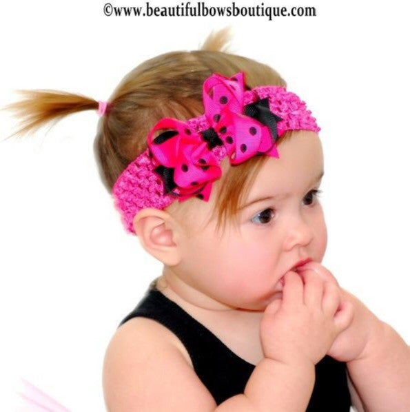 Dainty Shocking Pink Black Polka Layered Girls Hair Bow Clip or Headband Set