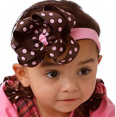 Boutique Pink and Brown Polka Dots Hair Bow Clip or Baby Headband