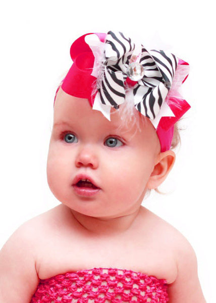 Stella Shocking Pink Zebra Girls Hair Bow Clip or Headband