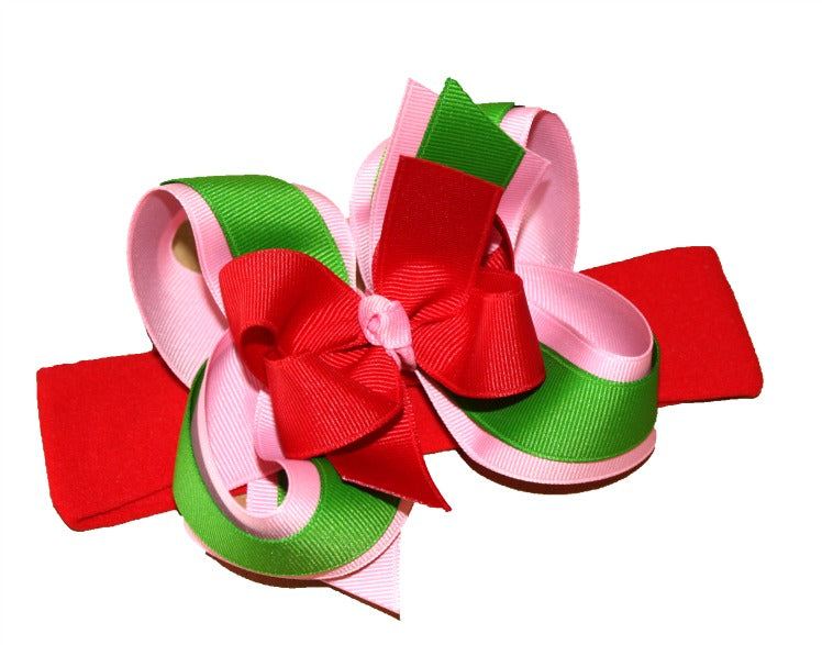 Pink Green and Red Christmas Baby Bow Headband, Girls Hair Bow