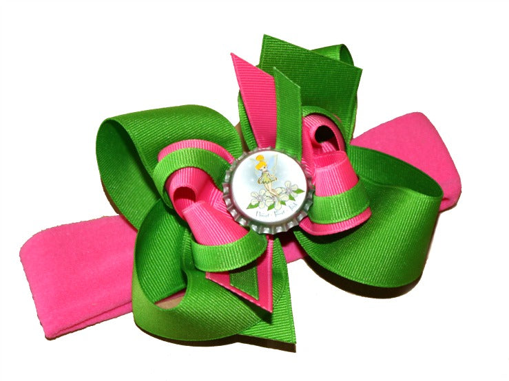 Pink and Green Tinkerbell Baby Bow Headband, Girls Hair Bow