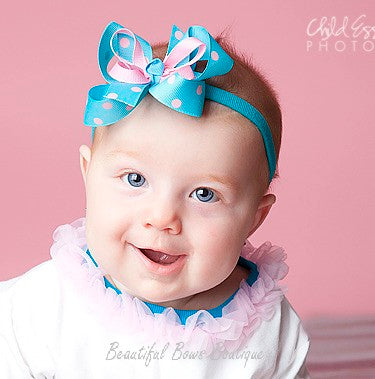 Dainty Turquoise & Pink Girls Hair Bow Clip or Headband