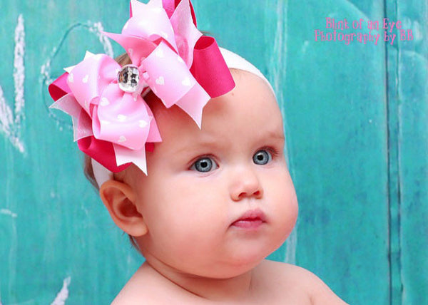 Stella Shocking Pink & Pink Hearts Girls Hair Bow Clip or Headband