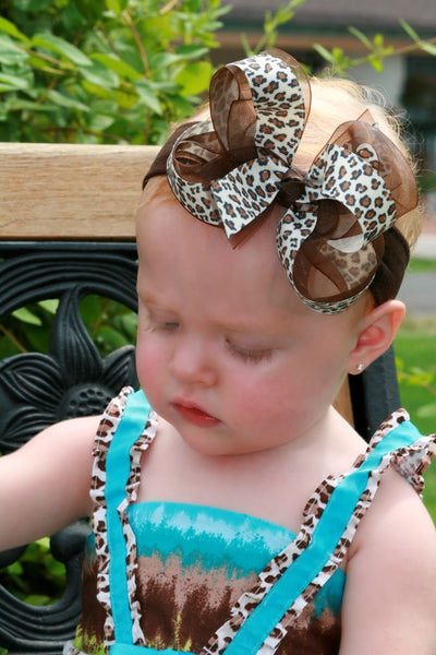 Cream Leopard Print Girls Hair Bow Clip or Baby Headband