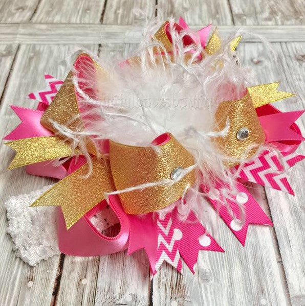 Big Boutique Hot Pink and Gold Over the Top Hair Bow