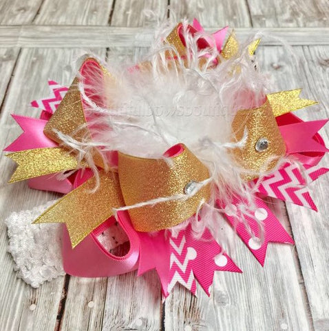 Big Boutique Hot Pink and Gold Over the Top Hair Bow