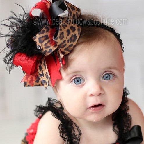 Big Red and Black Leopard Over the Top Hair Bow, Cheetah Hair Bow