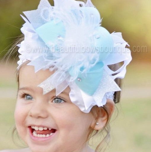 Big Frozen Inspired White Baby Blue and Silver Over The Top Girls Hair Bow Baby Headband
