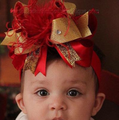 Handmade Big Red Gold Christmas Hair Bow for Girls 5 inch / French Barrette Only