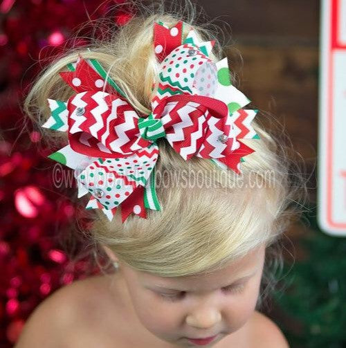 Handmade Big Spike Boutique Christmas Holiday Red Green Chevron Dot Hair Bow or Baby Headband 4 inch (Shown) / Alligator Clip Only