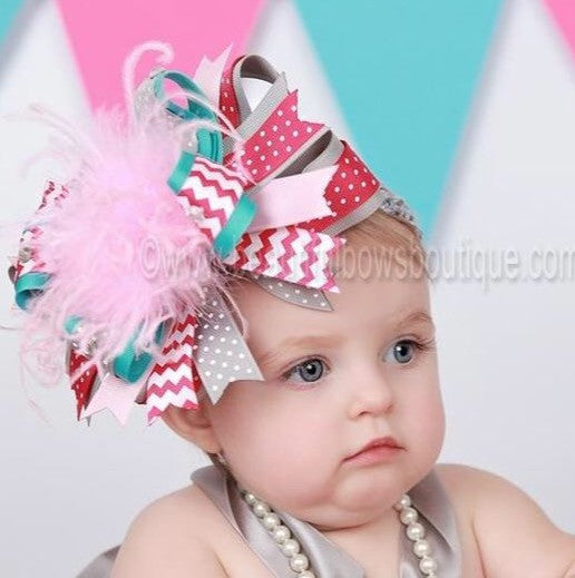 Big Turquoise Gray and Shocking Pink Chevron Over the Top Hair Bow Baby Girls Headband