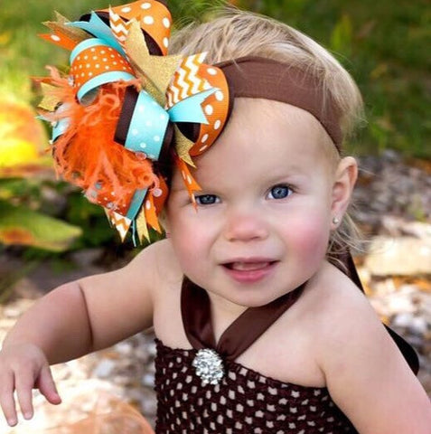 Stacked Over the Top Hair Bow Brown Orange Aqua