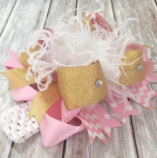 Big White Pink Gold Boutique Hair Bow Headband for Babies