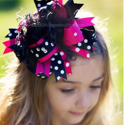 Black & Shocking Pink Polka Girls Over the Top Hair Bow Clip or Headband