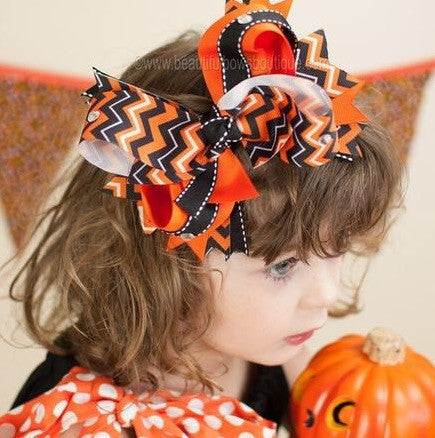 Black and Orange Chevron Big Halloween Hair Bow Clip or Baby Girls Headband