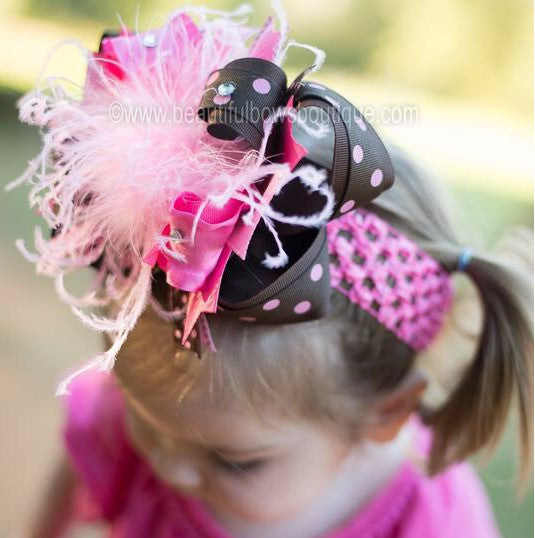 Brown and Hot Pink Girls Over the Top Hair Bow Clip or Headband
