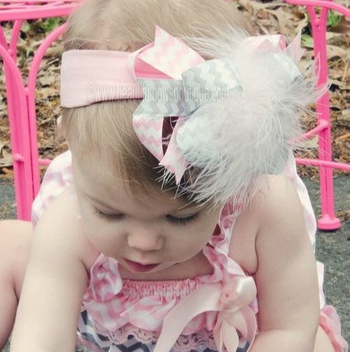 Chevron Gray Pink Hair Bow Baby Headband