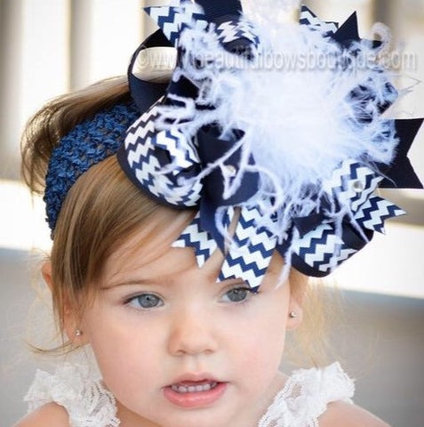 Chevron Navy Blue White Boutique Bow Headband, Navy and White Over the Top Bow
